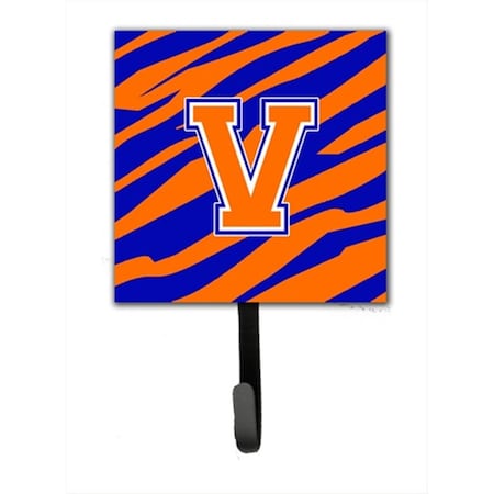 Carolines Treasures Letter V Initial Monogram - Tiger Stripe - Blue Orange Leash Holder Or Key Hook CJ1023-VSH4